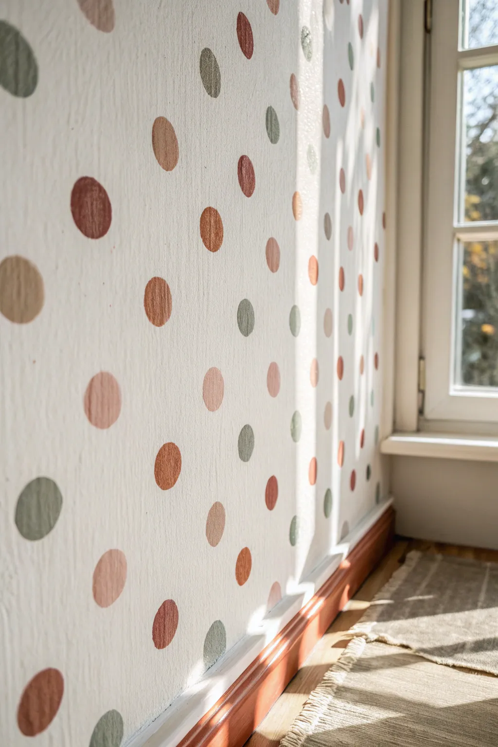 Hand-painted polka dots for a playful wall moment, minimal colors and charming brush texture.
