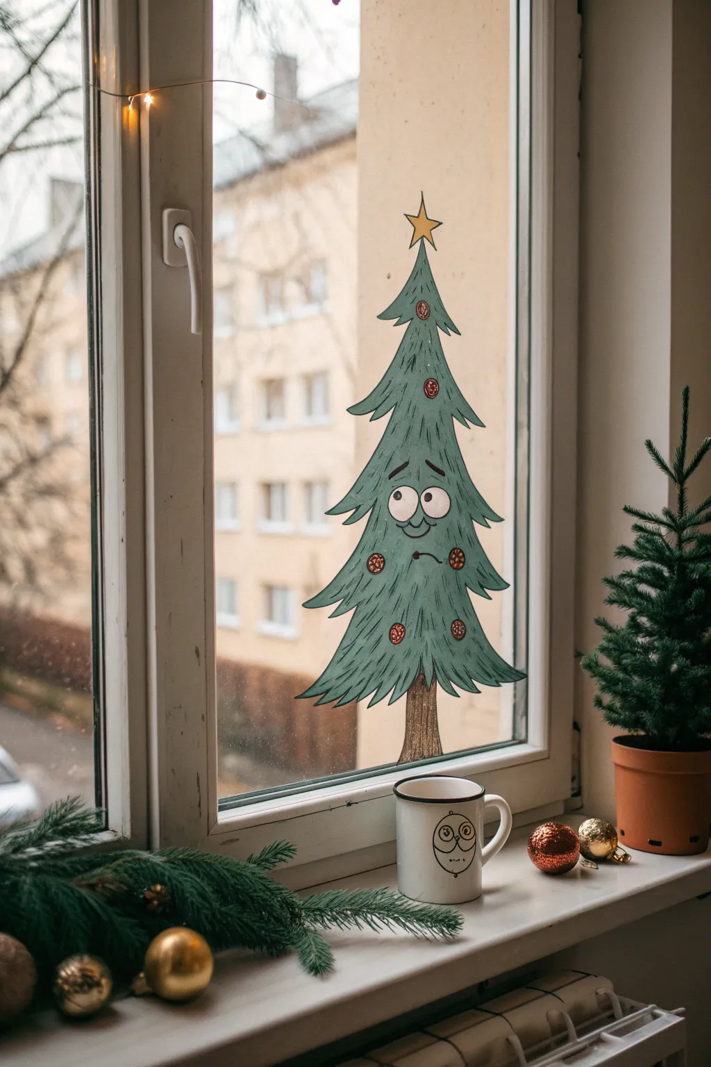 Grumpy window-painted tree clutching a tiny coffee mug, with fallen ornaments below