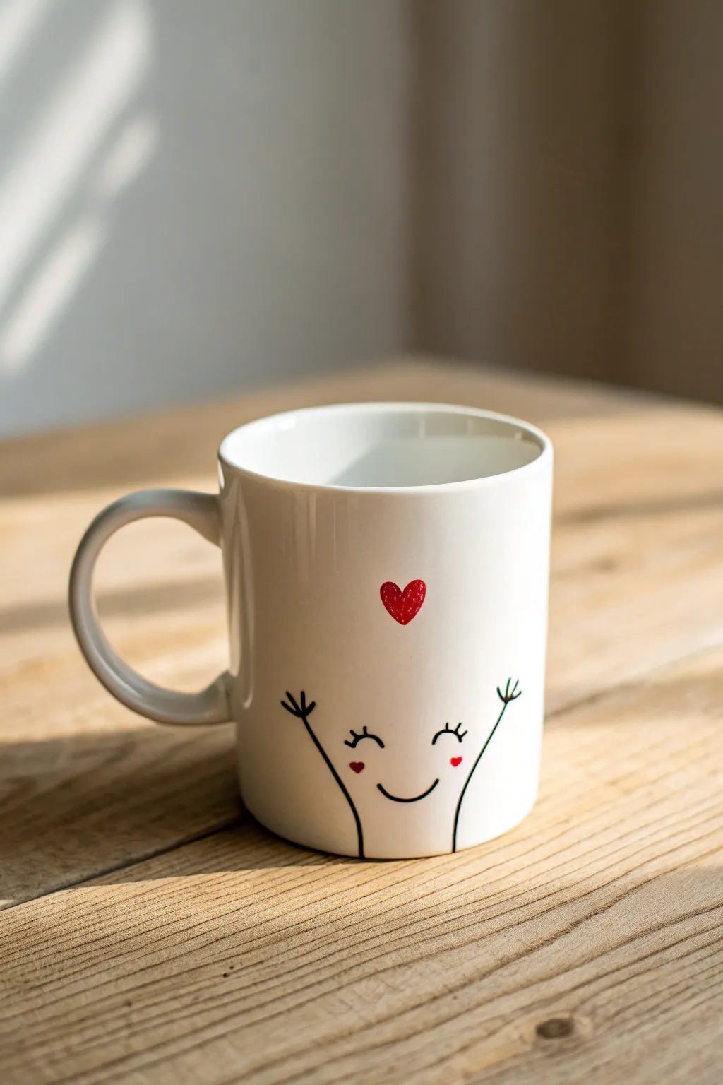 Minimalist mug art: tiny cartoon arms hugging the cup, sweet boho charm in simple lines.
