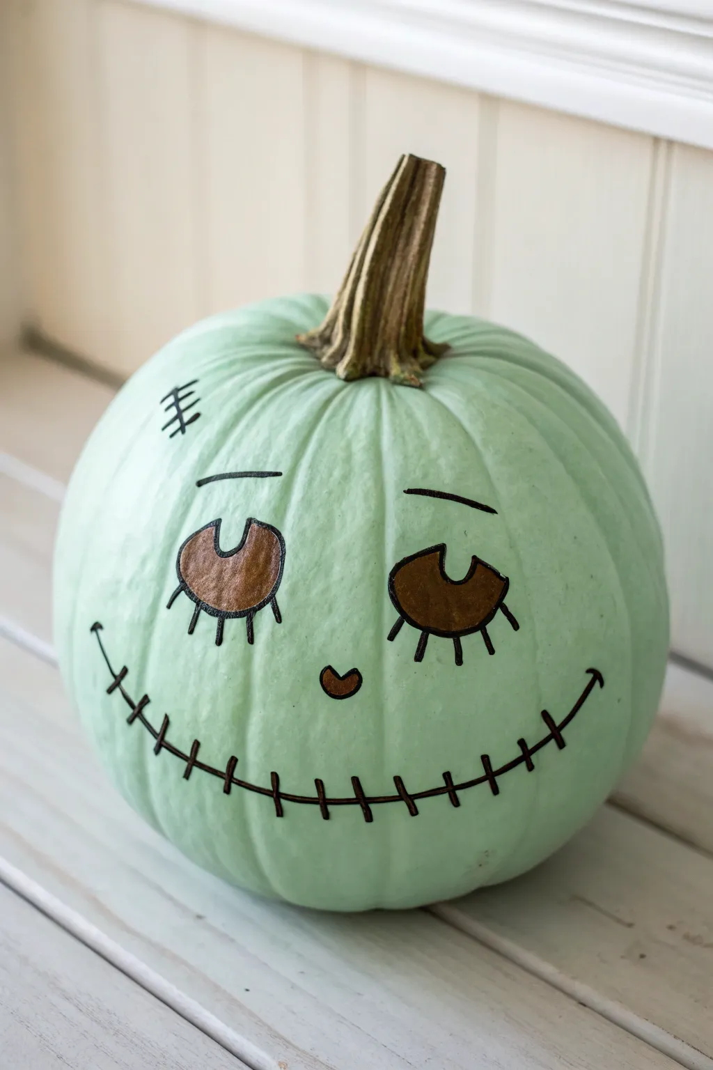 A wonky Frankenstein oops face on a green pumpkin, perfect for funny minimalist Halloween decor.