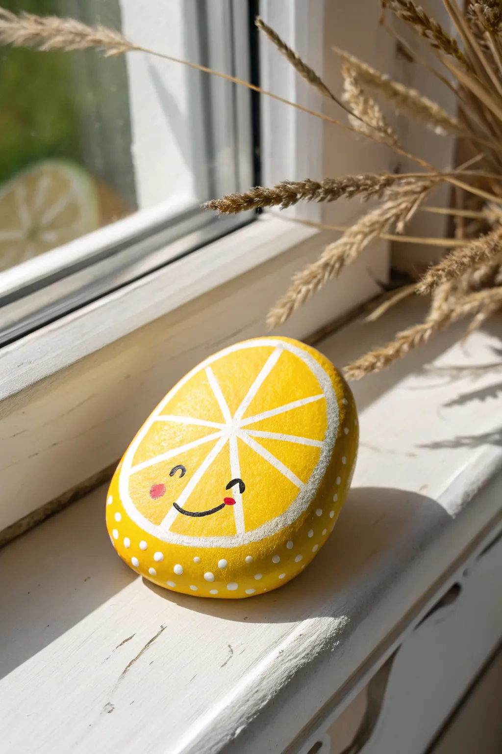 Funny fruit rock painting idea: bright lemon design on a sunny windowsill, minimalist boho mood