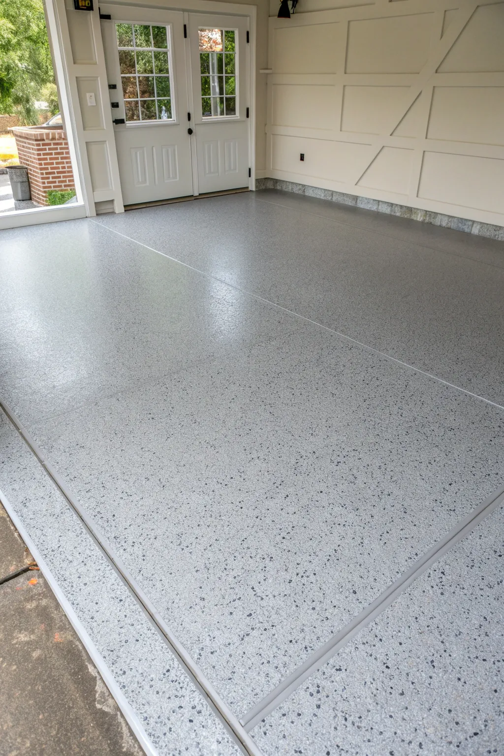 Subtle terrazzo speckles on a medium-gray garage floor for a calm, modern, stone-like finish