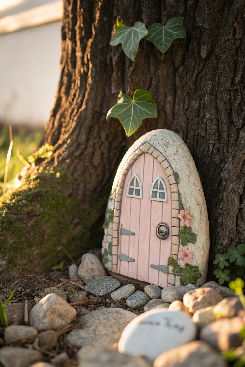 Create a minimal boho fairy door rock at the tree base, with pebbles and ivy accents