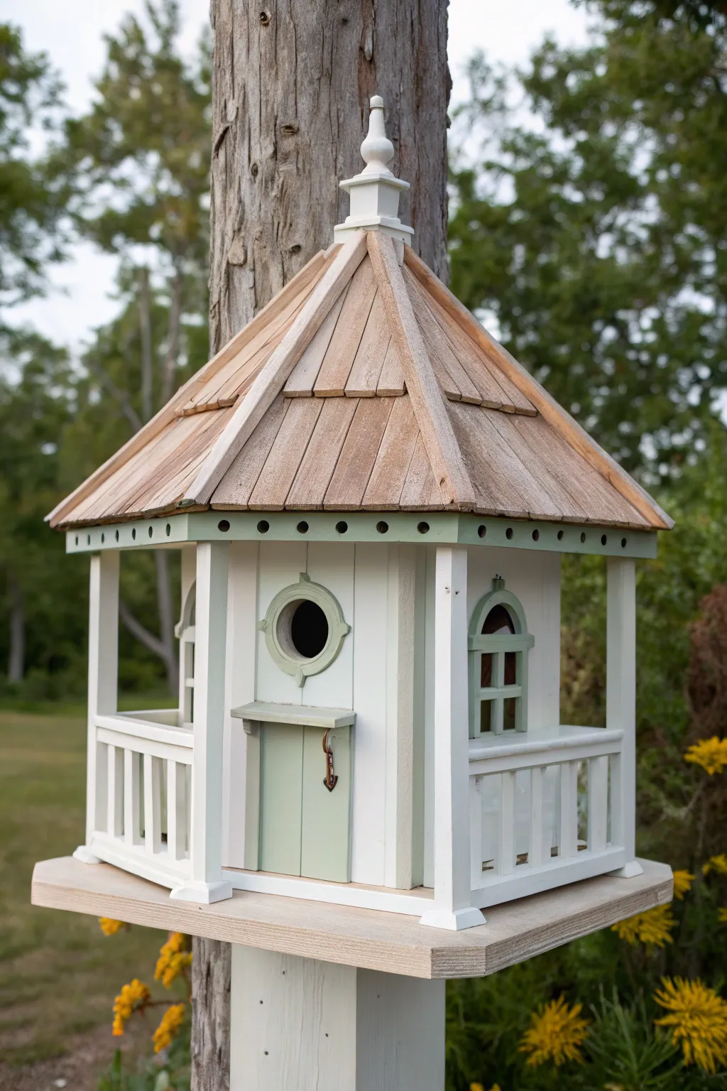Tiny painted door and a wrapped baseboard trim make this gazebo birdhouse feel like a mini home.