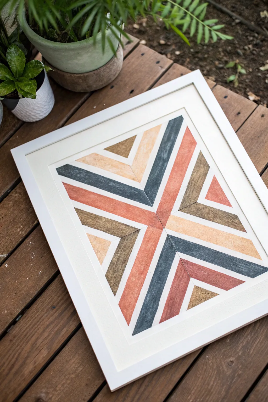 Diagonal chevrons in muted neutrals create crisp zigzag motion for geometric abstract art.