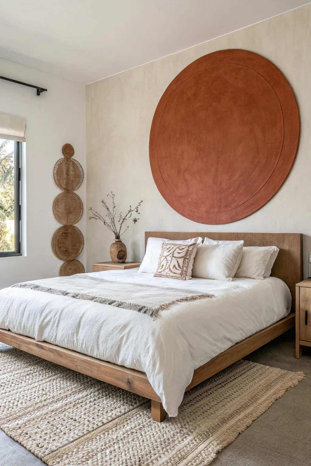 Painted circle headboard: a clean geometric wall moment with Scandinavian calm and boho warmth.