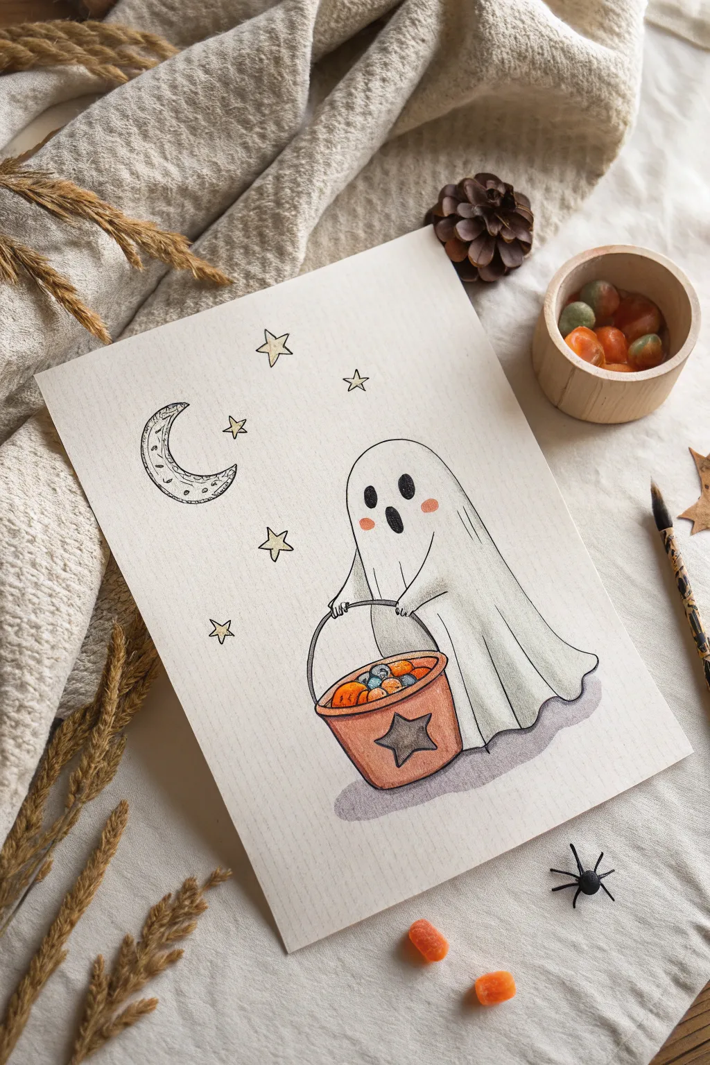Minimal sheet ghost holding a tiny trick-or-treat pail, perfect for cozy Scandinavian Halloween art.