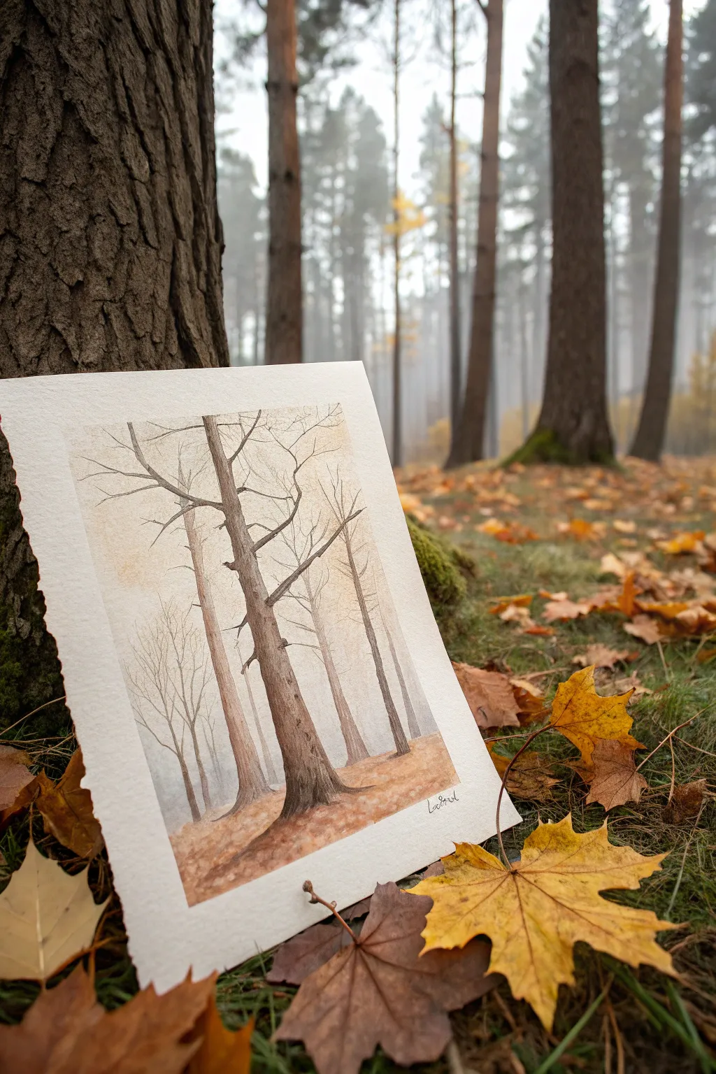 Ethereal ghost drifting through an autumn forest, minimalist Scandinavian mood with warm fall tones.
