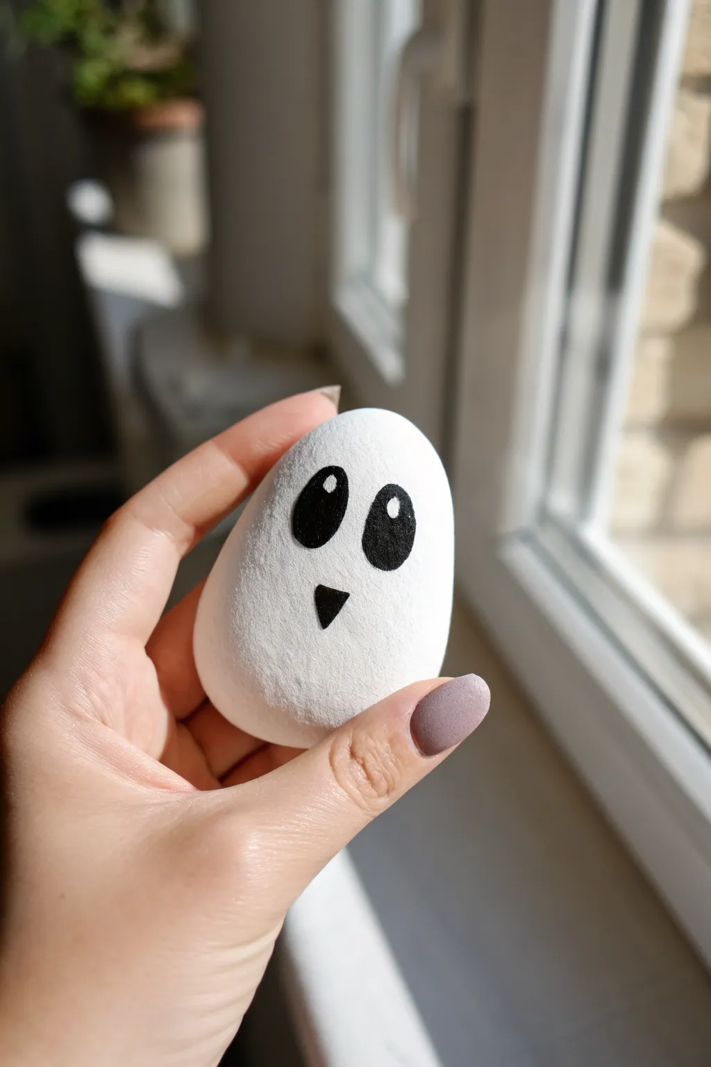 Pocket-size ghost rock, simple and bold, resting in your palm against soft Scandinavian neutrals.