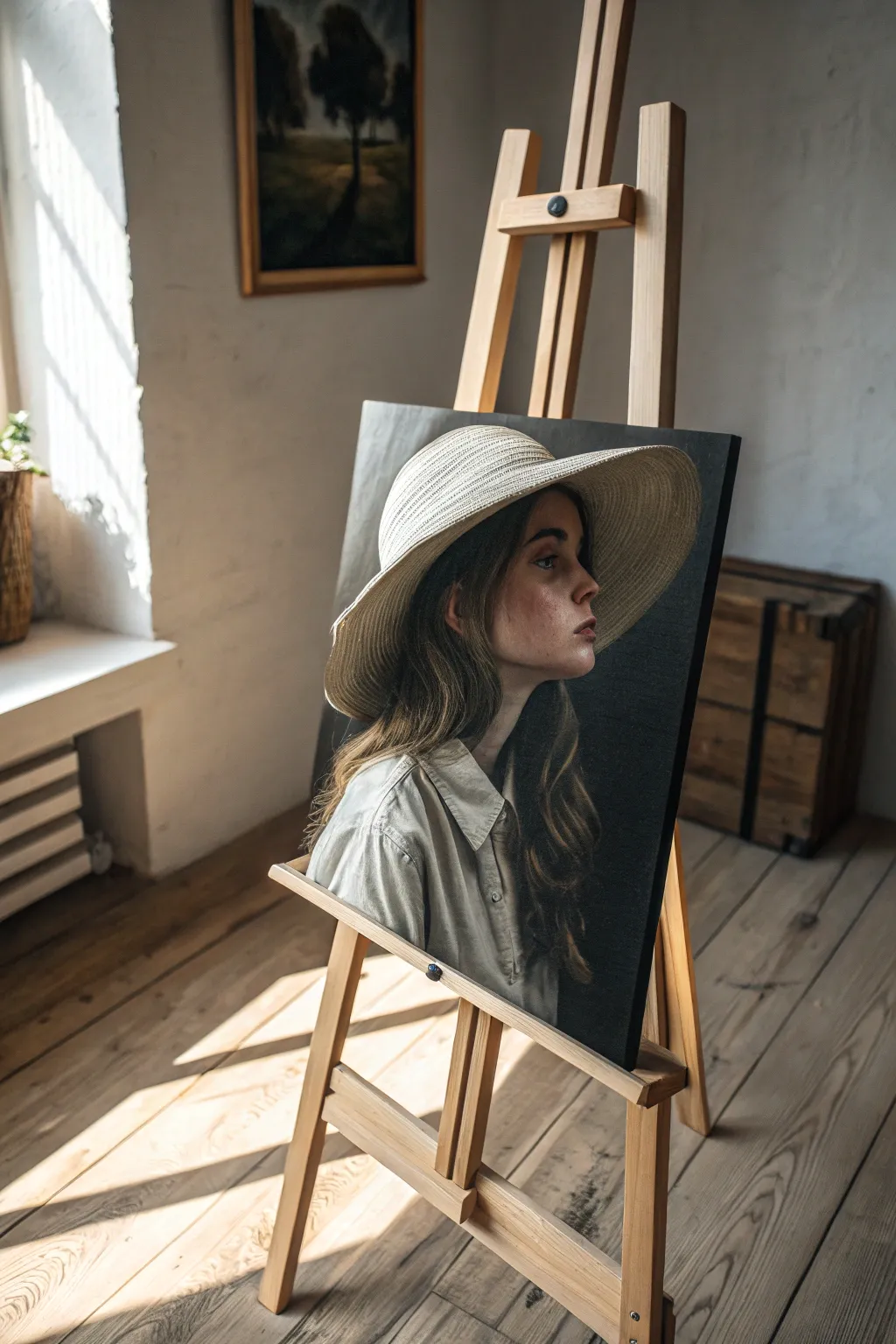 Moody girl-in-hat canvas with bold shadows and minimalist Scandinavian-boho contrast.