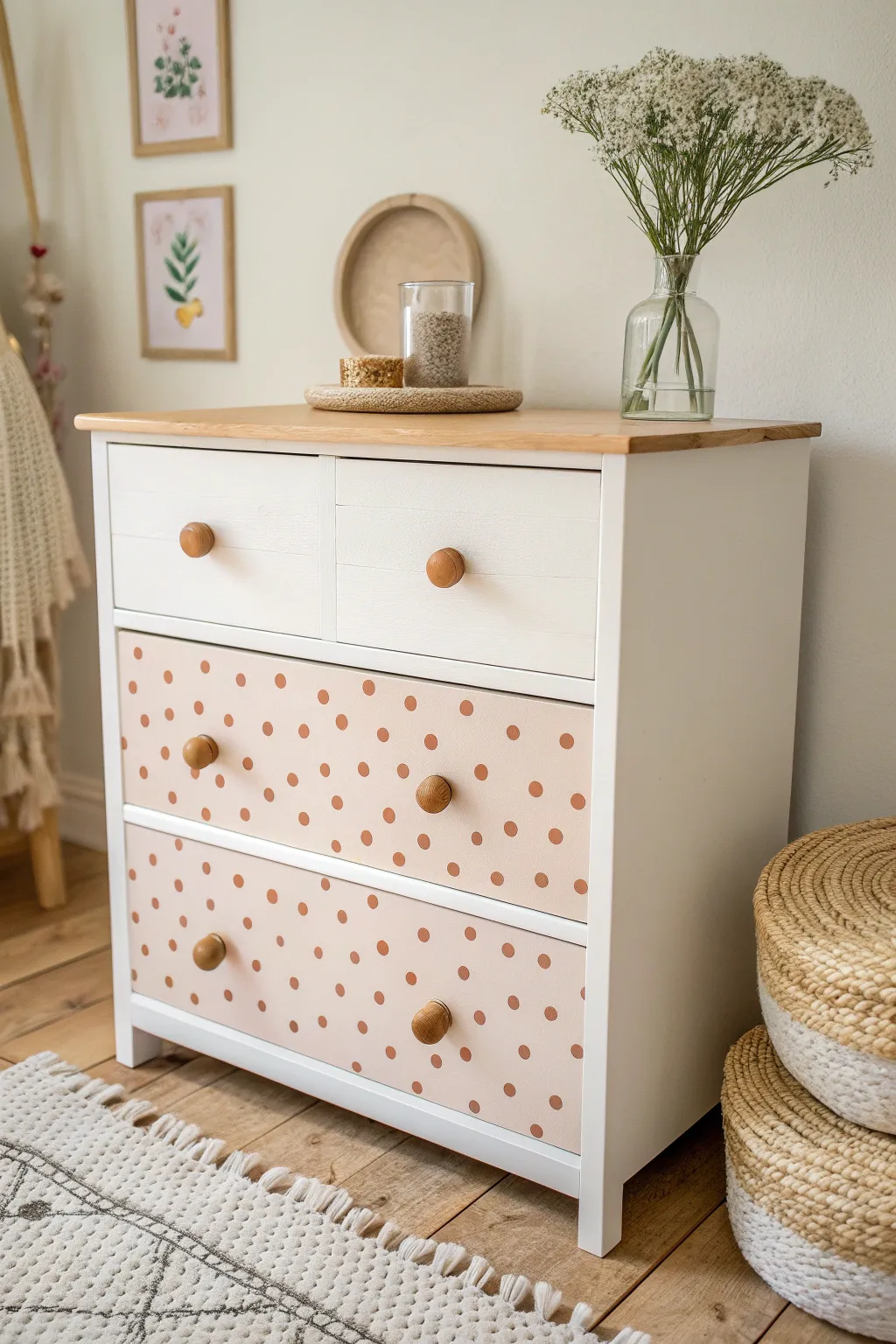 Playful polka dot dresser makeover in soft Scandinavian tones with minimal boho styling