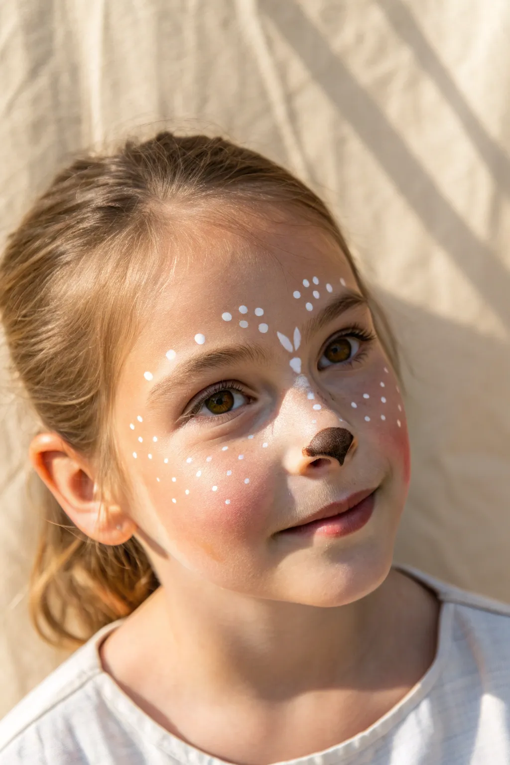 Sweet puppy face paint with rosy cheeks and sparkling eyes, minimal backdrop, Pinterest ready