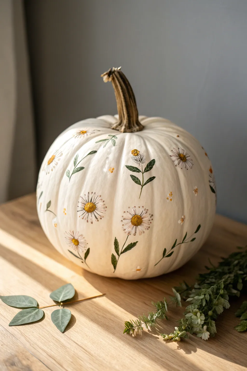 Soft blush pumpkin with tiny daisies and sage sprigs, a simple girly fall painting idea