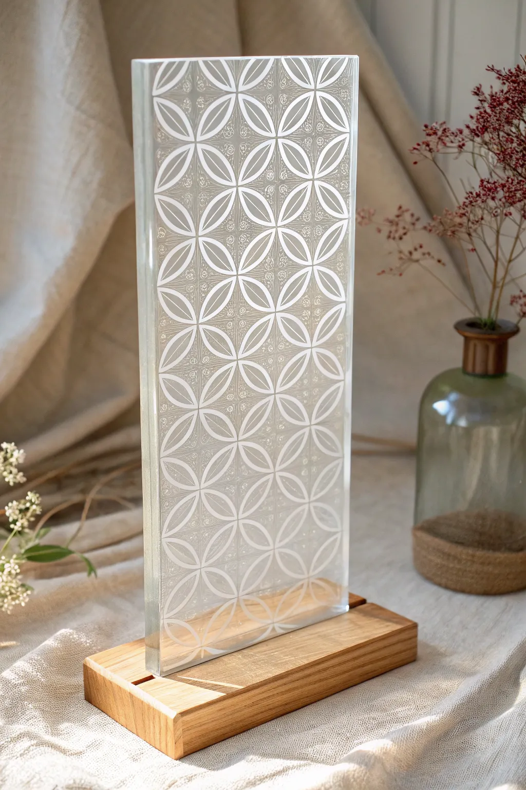 Minimal etched glass panel with frosted botanical pattern, perfect inspiration for elegant glass art.