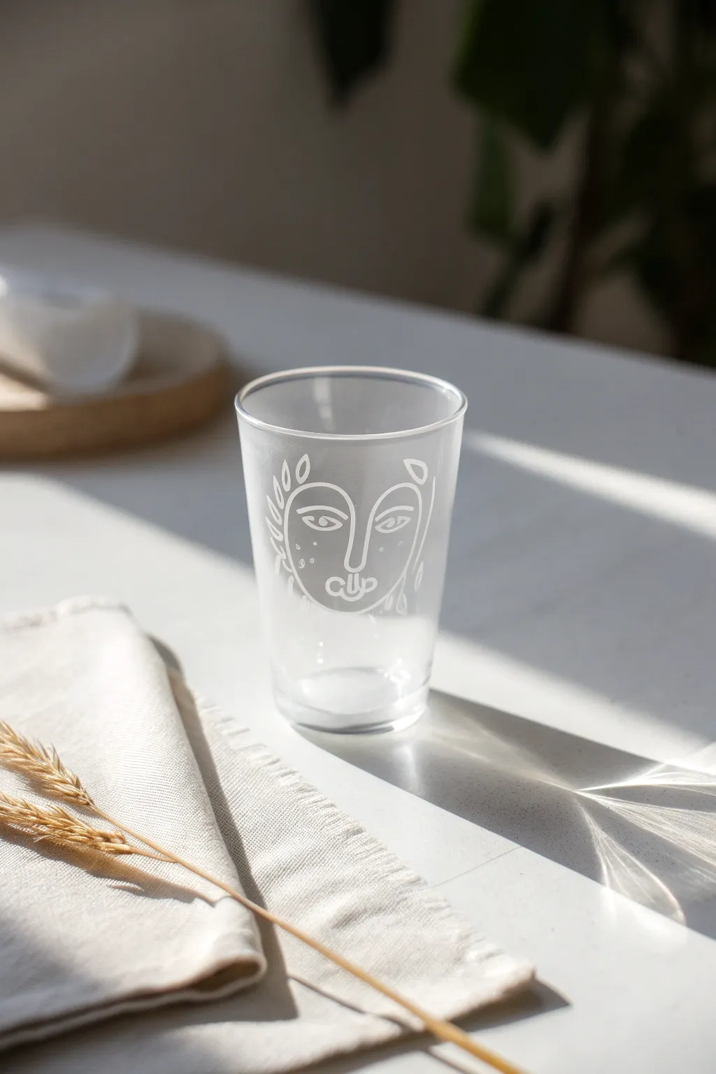 Minimal line-art face painted on a clear glass cup, clean Scandinavian vibe with boho warmth.