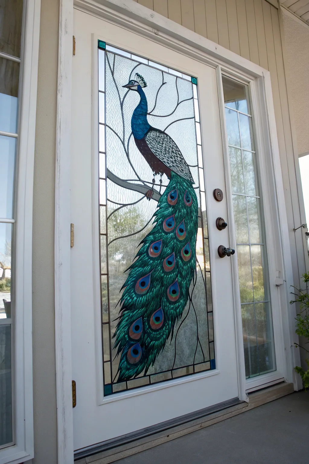 Jewel-tone peacock tail stained-glass painting transforms a glass door into a bold statement panel