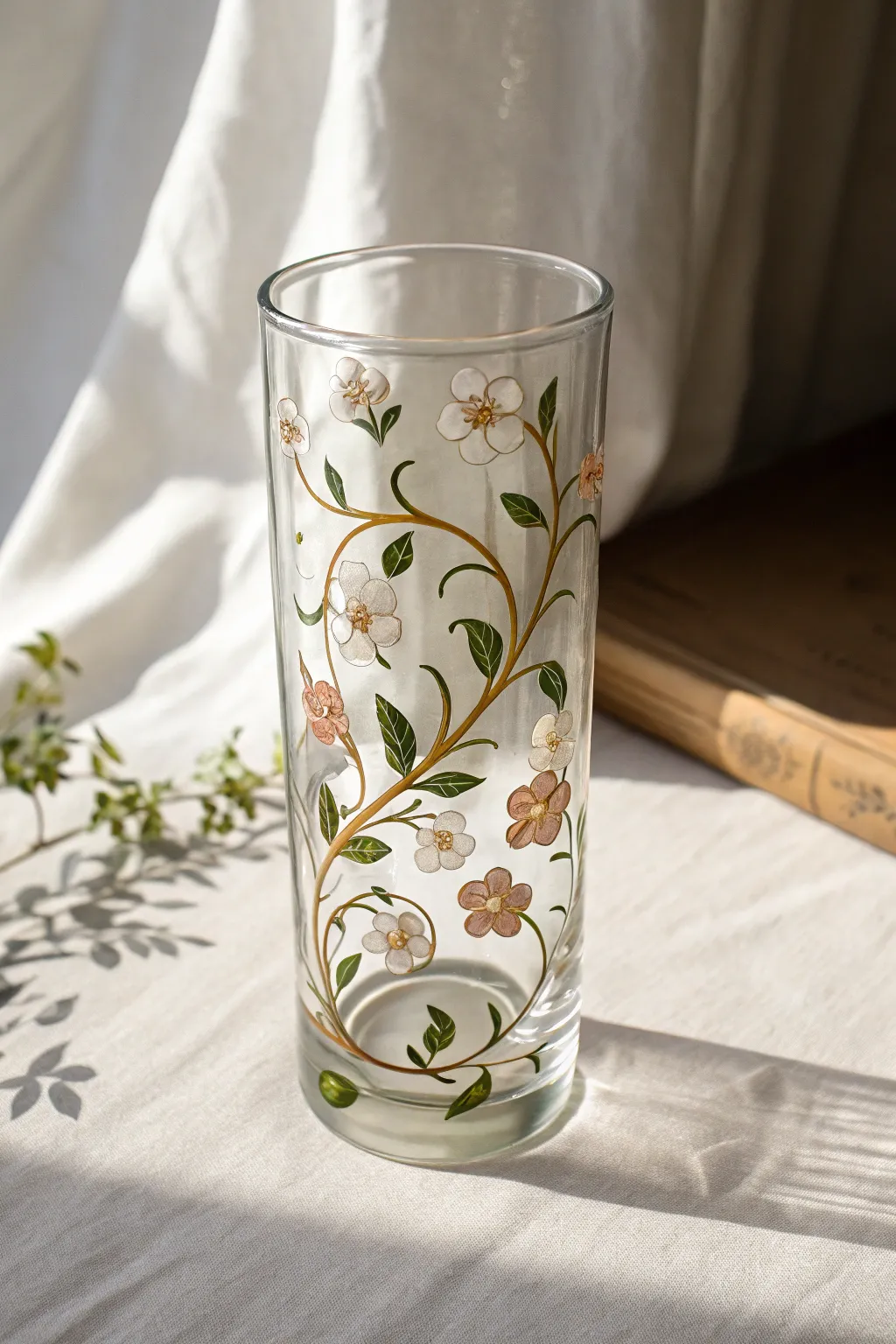 Delicate trailing vine border on a clear glass, minimalist boho lighting and contrast.