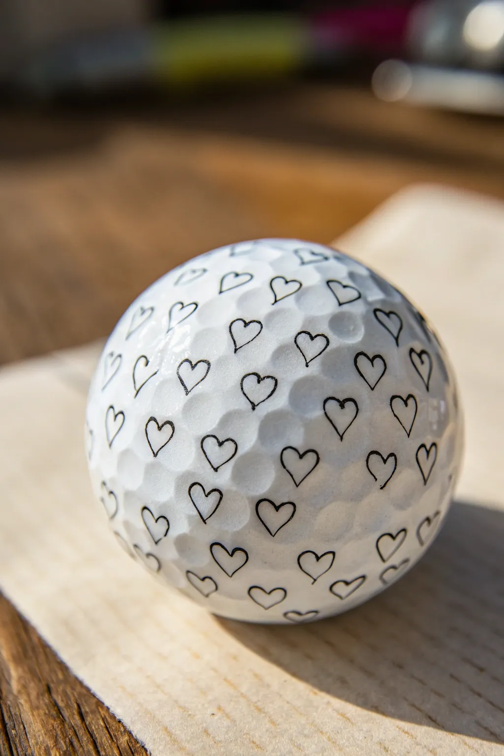 Minimal golf ball drawing idea: tiny hand-drawn hearts repeated in a neat ring around the center.
