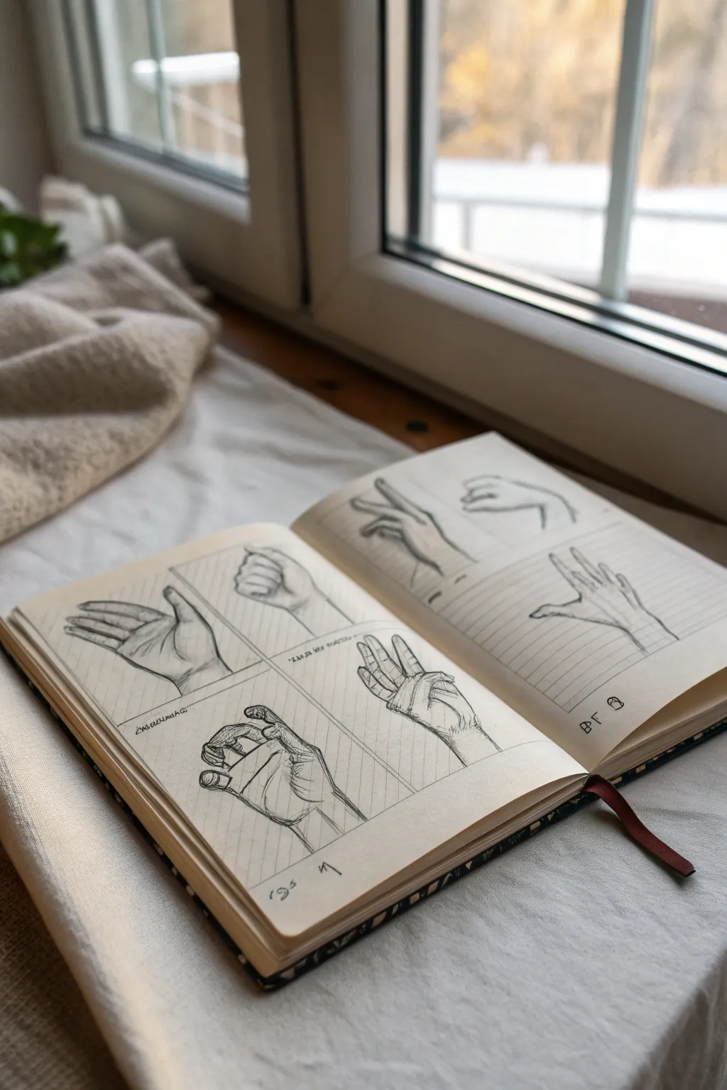 Mini grid of loose hand gestures to spark drawing ideas, clean Scandinavian-boho sketchbook vibe