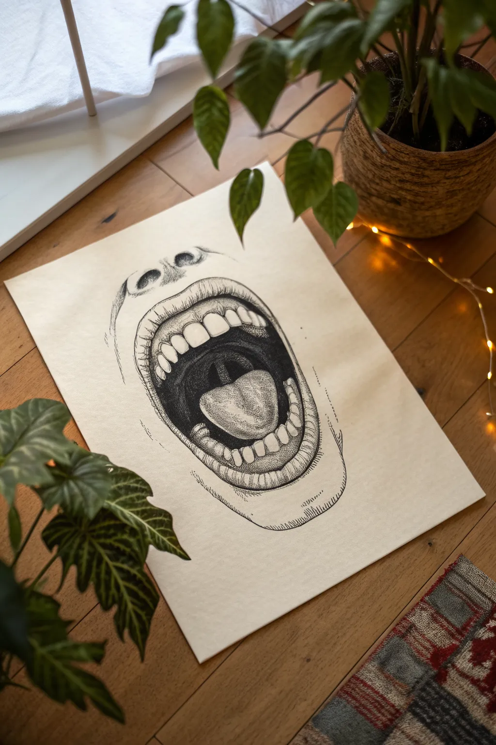 Scream mouth drawing idea: jagged layered teeth, torn gums, and thin crimson saliva in stark contrast