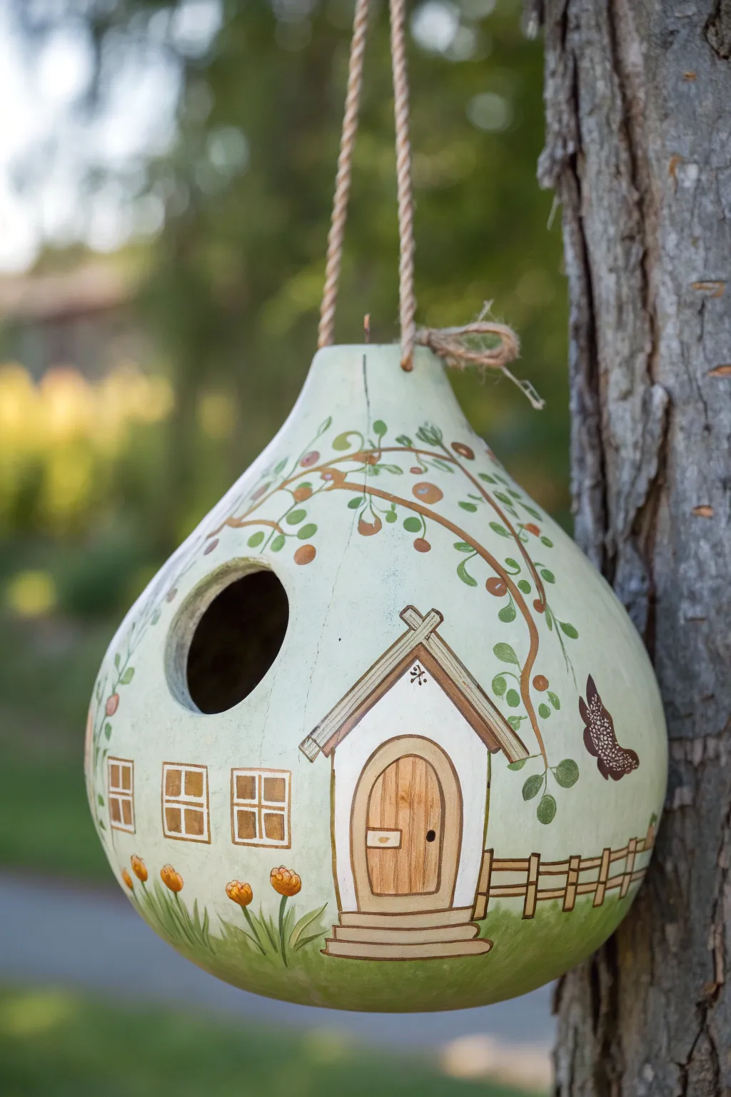Painted gourd birdhouse with cottage details and a clean door cutout, softly hanging in green.