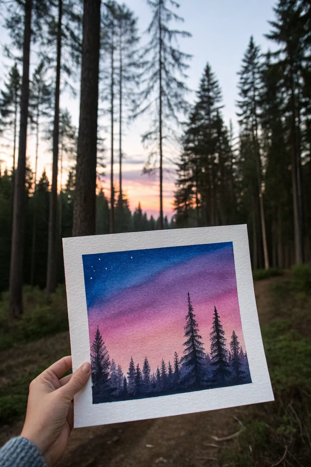 Dusky ombre sky with crisp pine silhouettes for an easy, calming gradient painting project