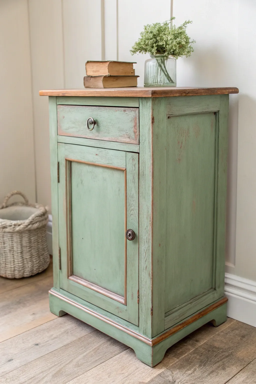 Muted sage cabinet with softly worn edges for an effortless cottage distressed green finish