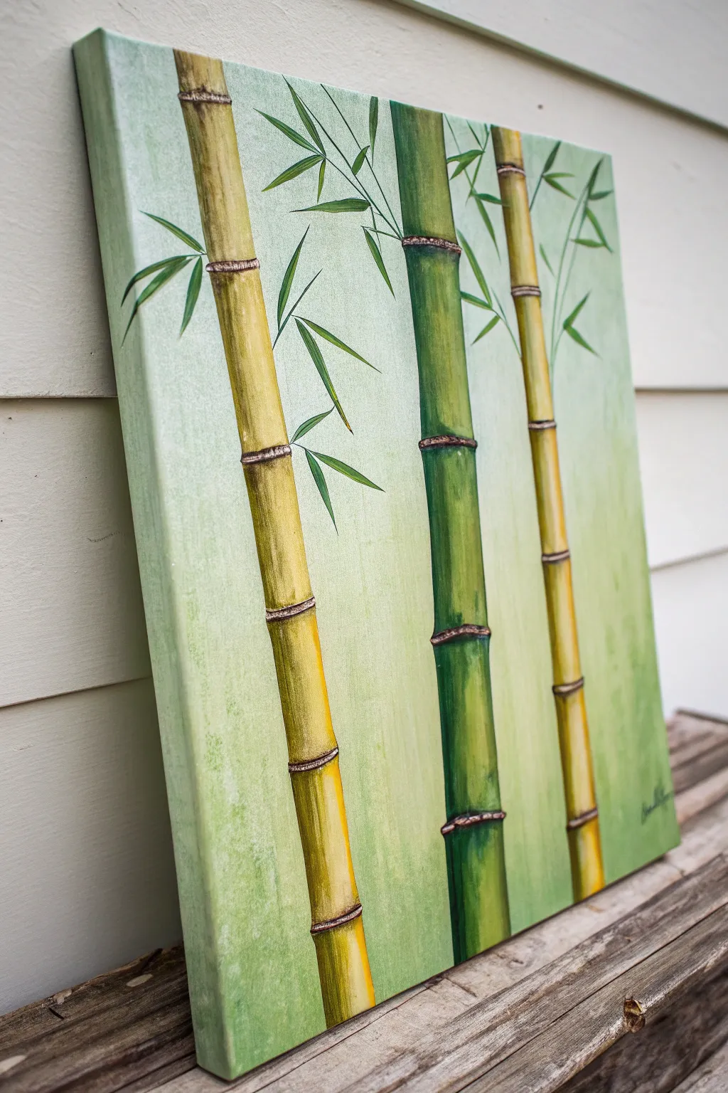 Zen bamboo stalks in layered greens on canvas, minimalist and soothing with a soft wash backdrop.
