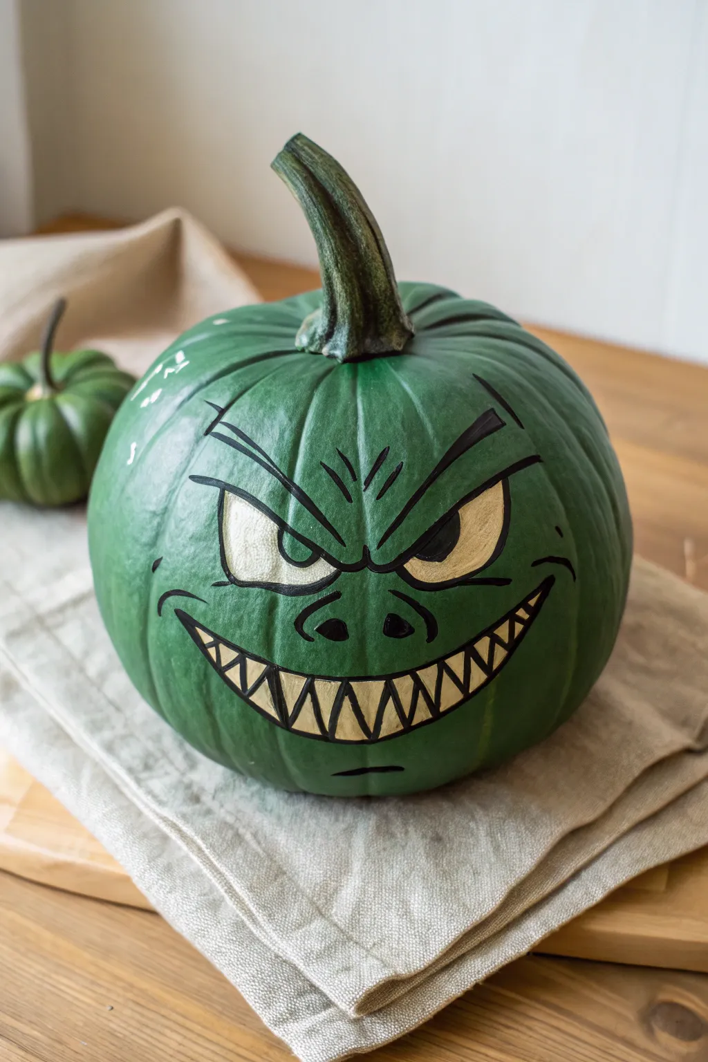 Grumpy green goblin pumpkin with pointy teeth, bold contrast and minimalist boho vibes