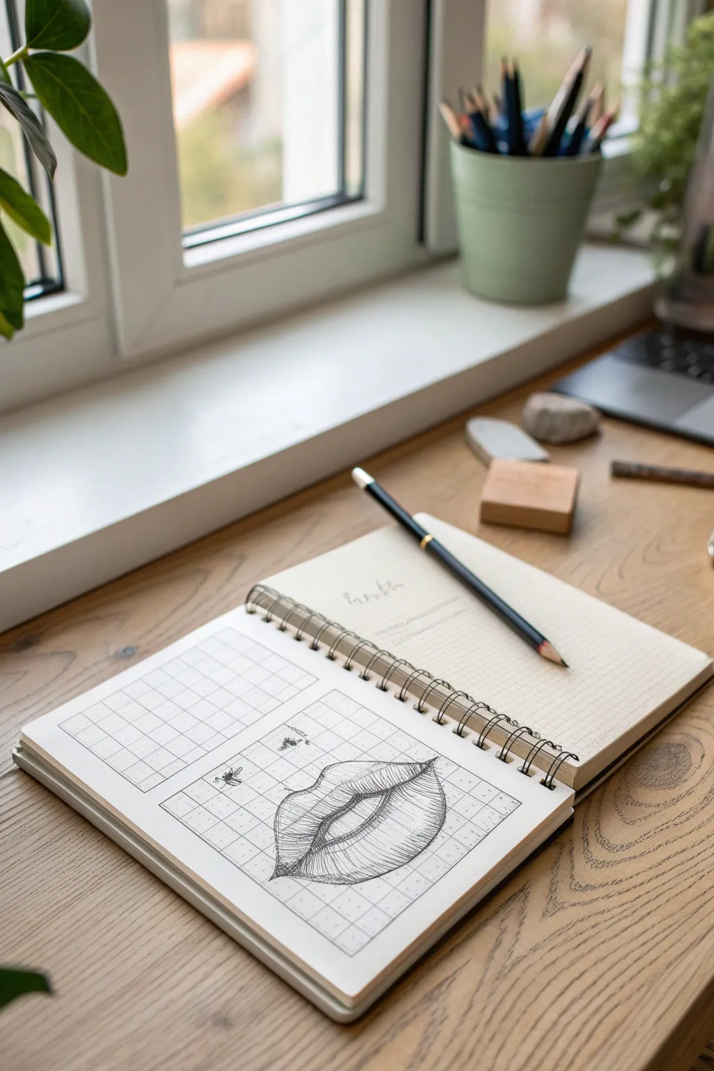 Easy grid lips study with simple shading blocks to map corners and cupids bow, minimalist