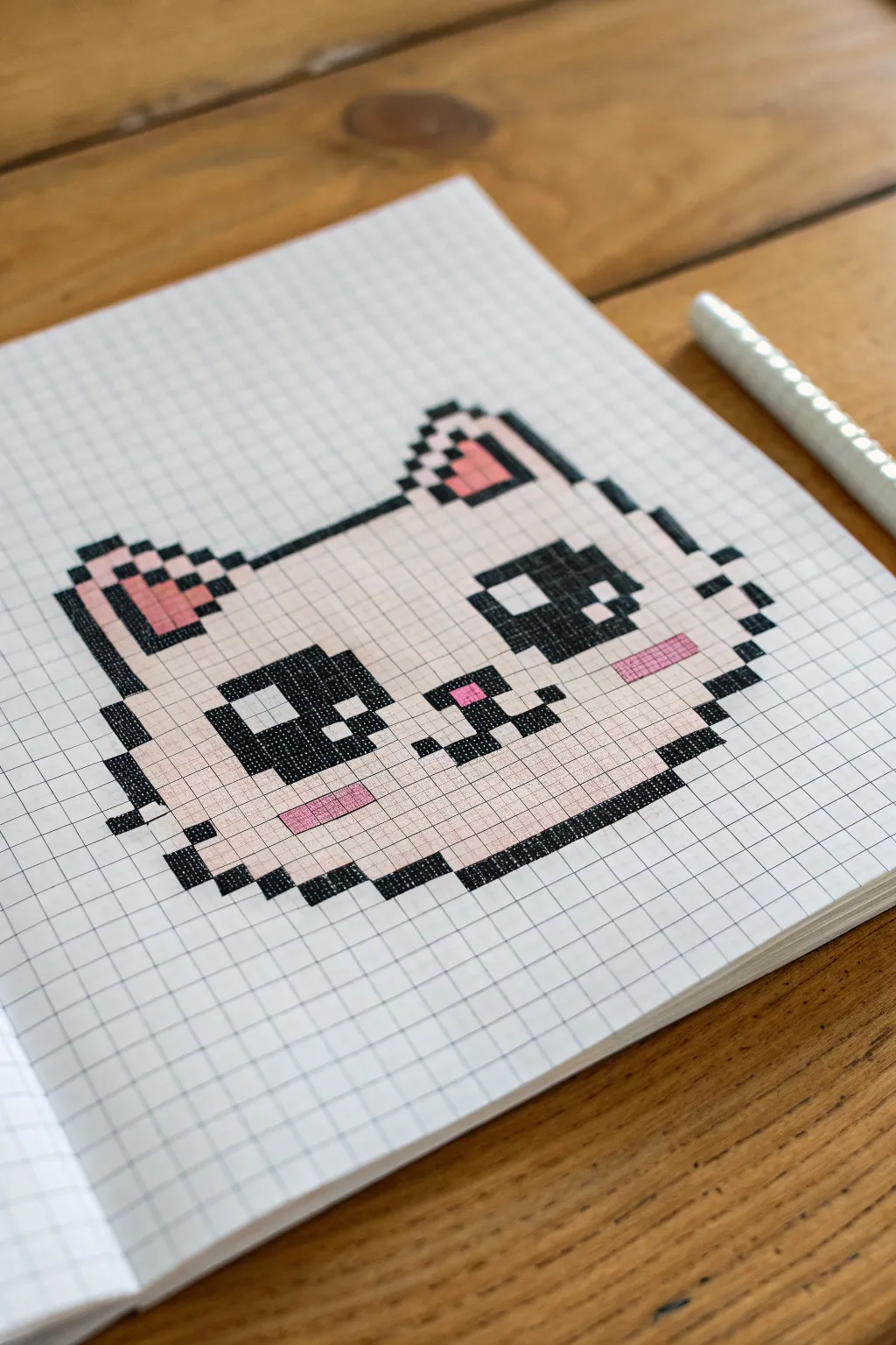 Kawaii pixel cat head on a clear countable grid, minimalist neutrals with crisp contrast