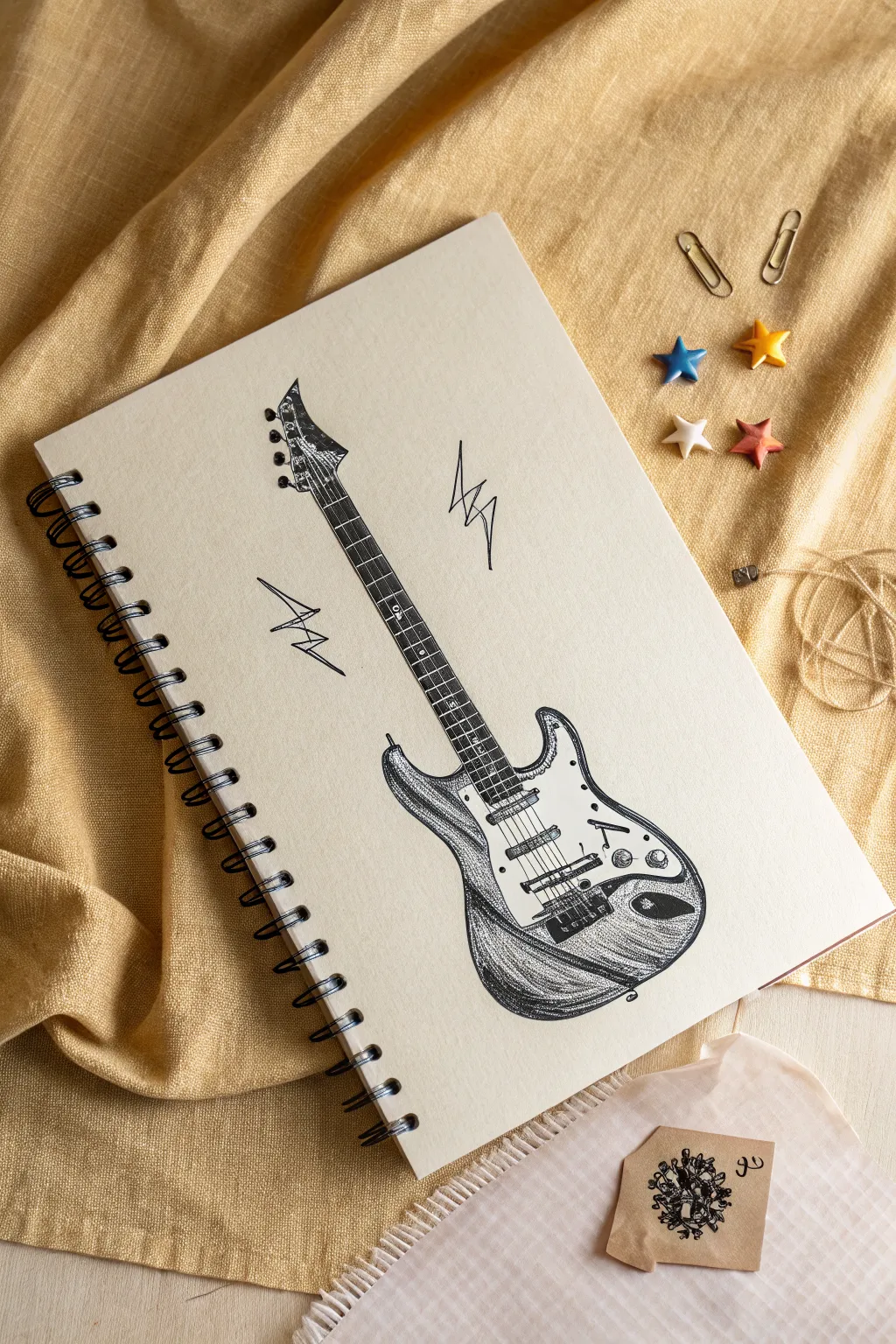 Minimal grunge guitar doodle with jagged amp-noise marks, clean Scandinavian boho vibe