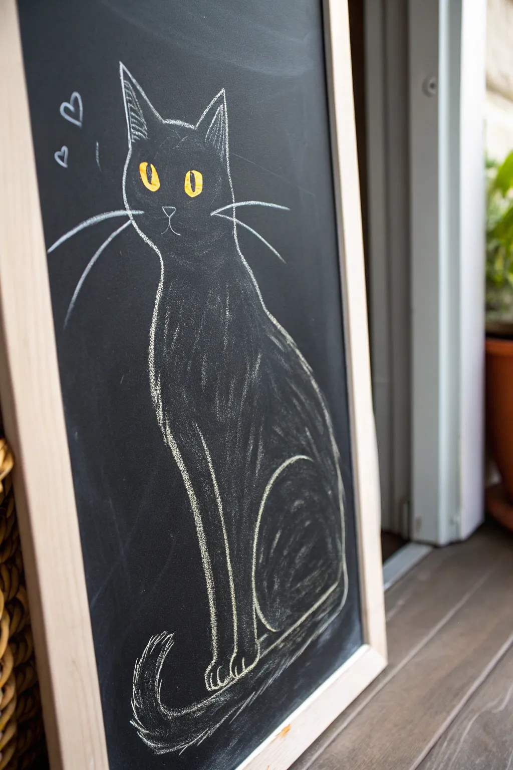 Minimal Halloween chalk art: bold black cat silhouette with softly glowing eyes, easy to recreate