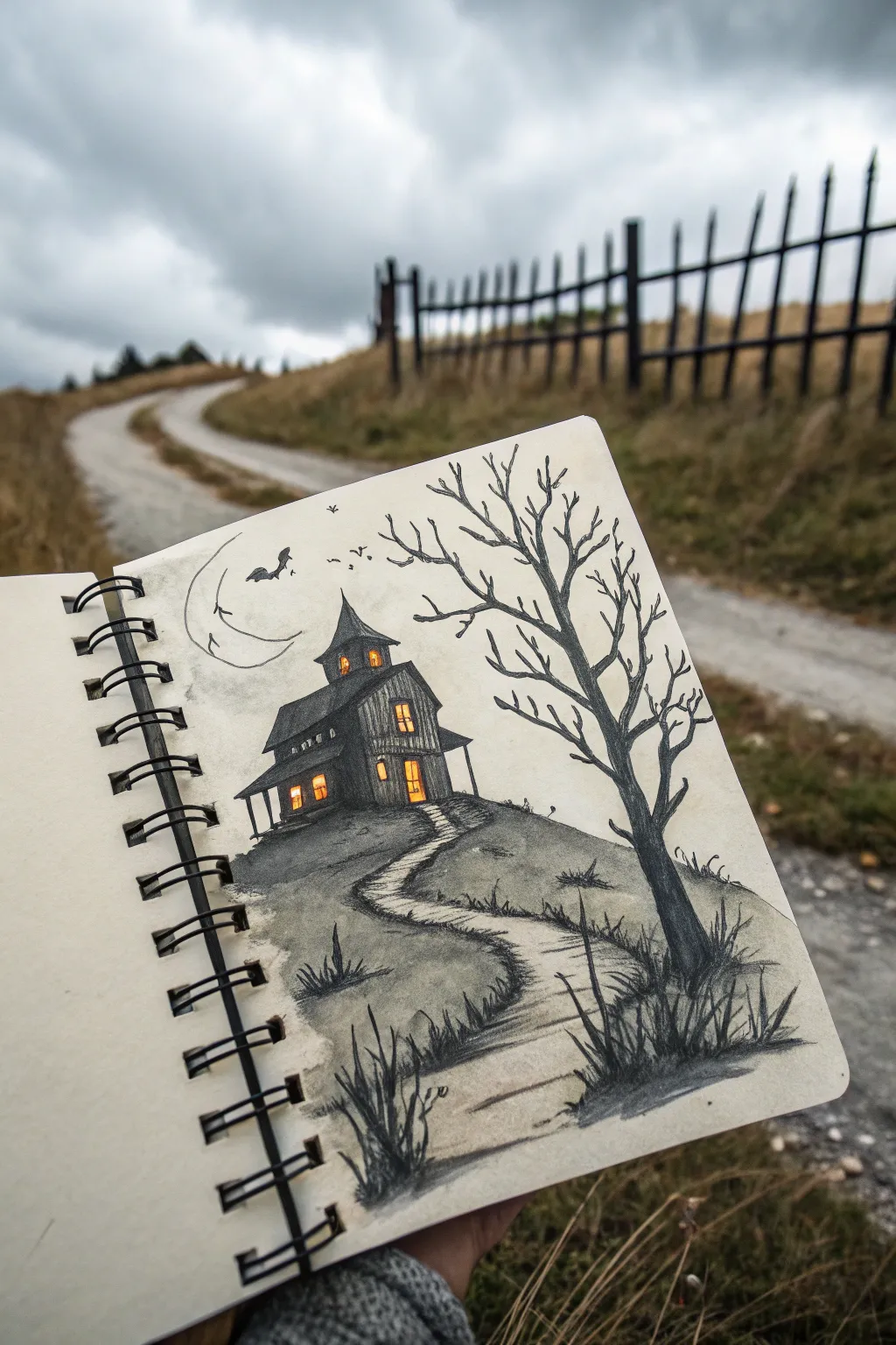 Minimal haunted house sketch with glowing crooked windows, perfect for cozy Halloween drawing practice