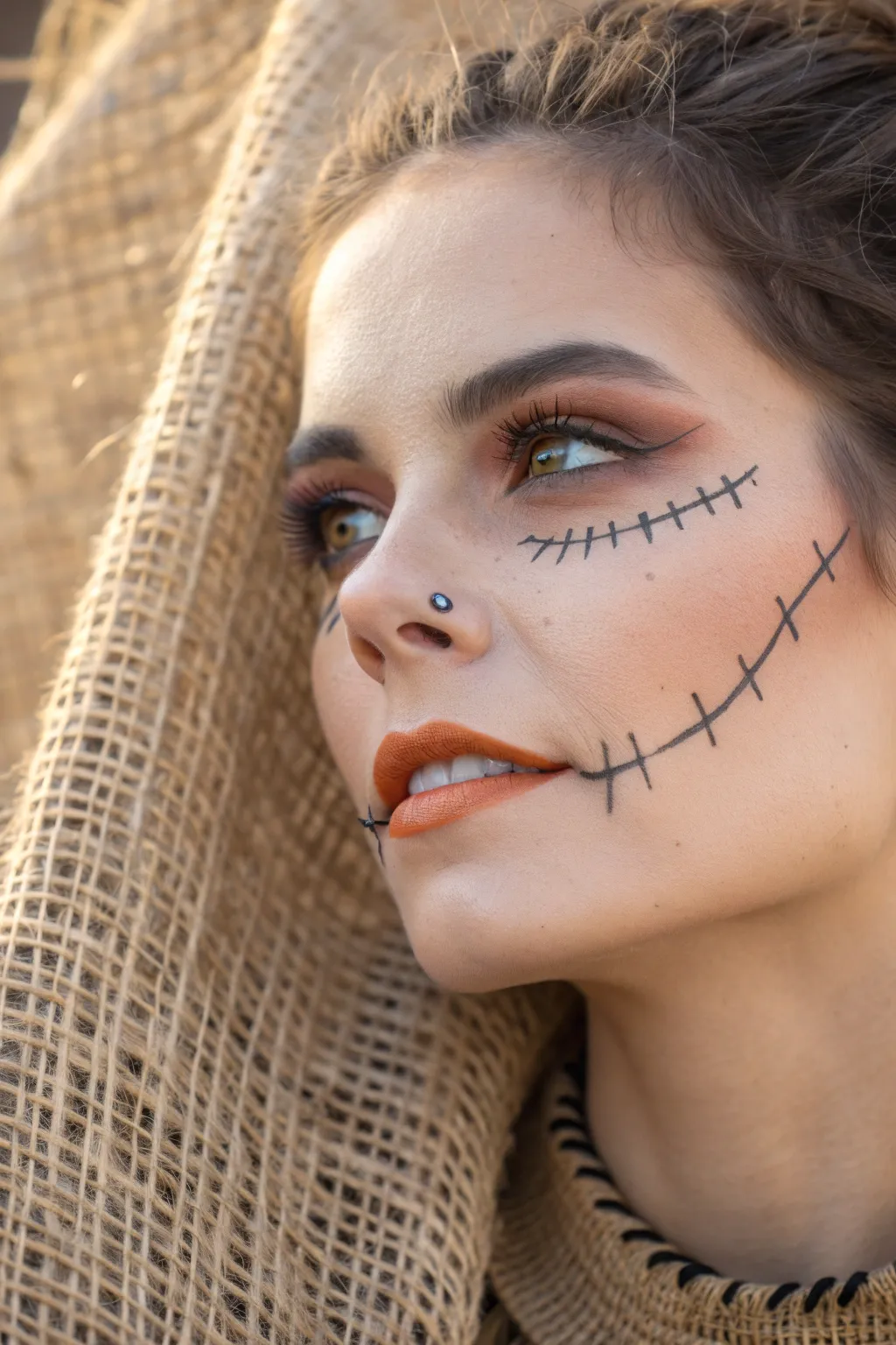 Master the rustic look with this chic, burlap-inspired scarecrow face paint guide.