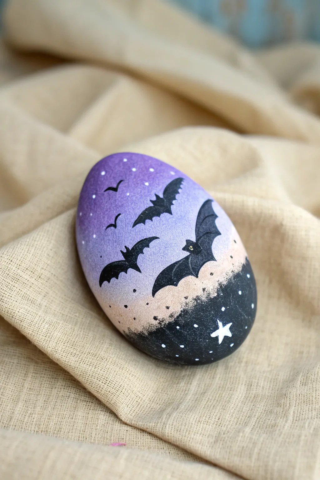 Simple bat rock with dusk gradient and tiny stars for an easy Halloween night-sky look