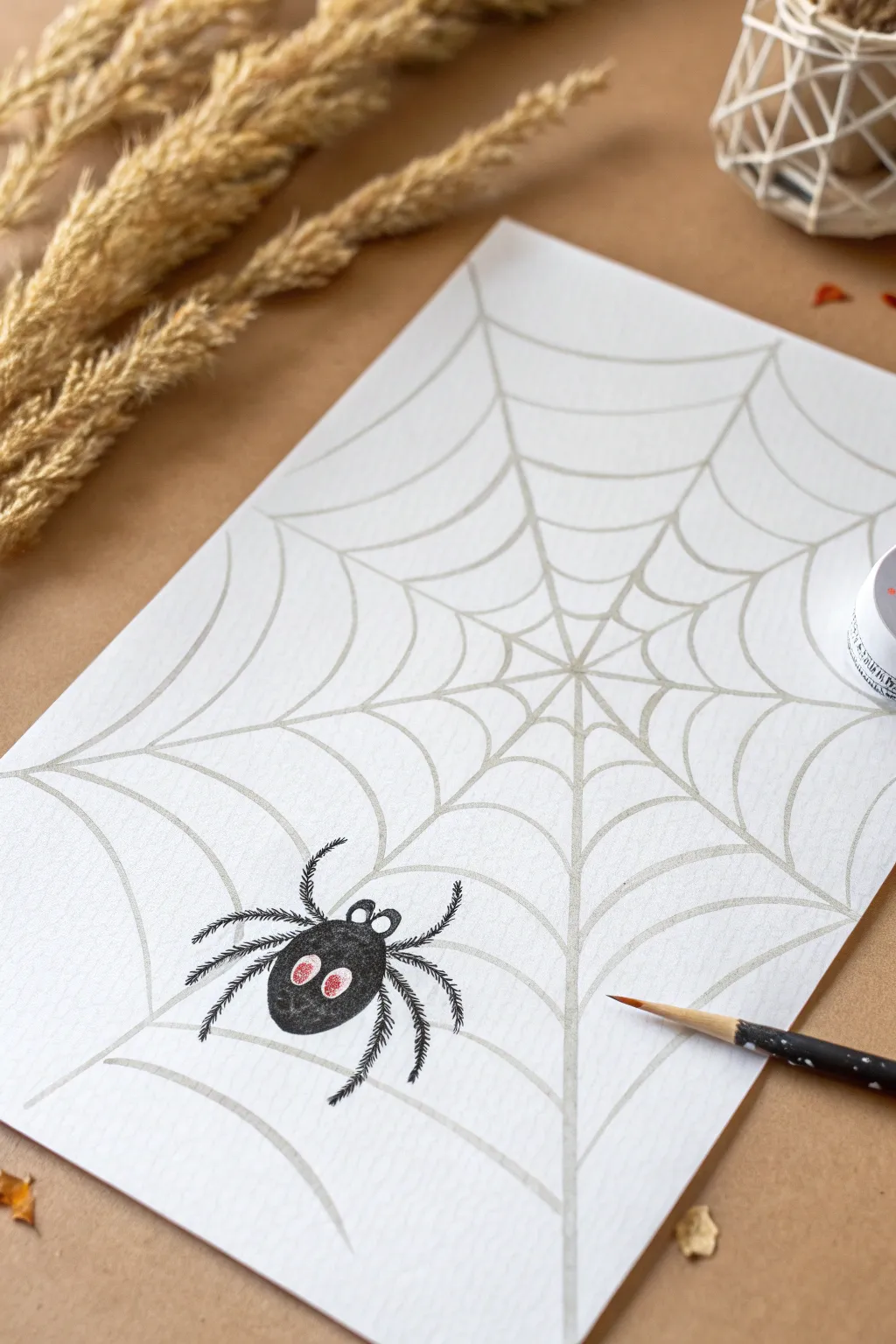 Easy corner spiderwebs with a sweet big-eyed spider, perfect for kid-friendly Halloween art