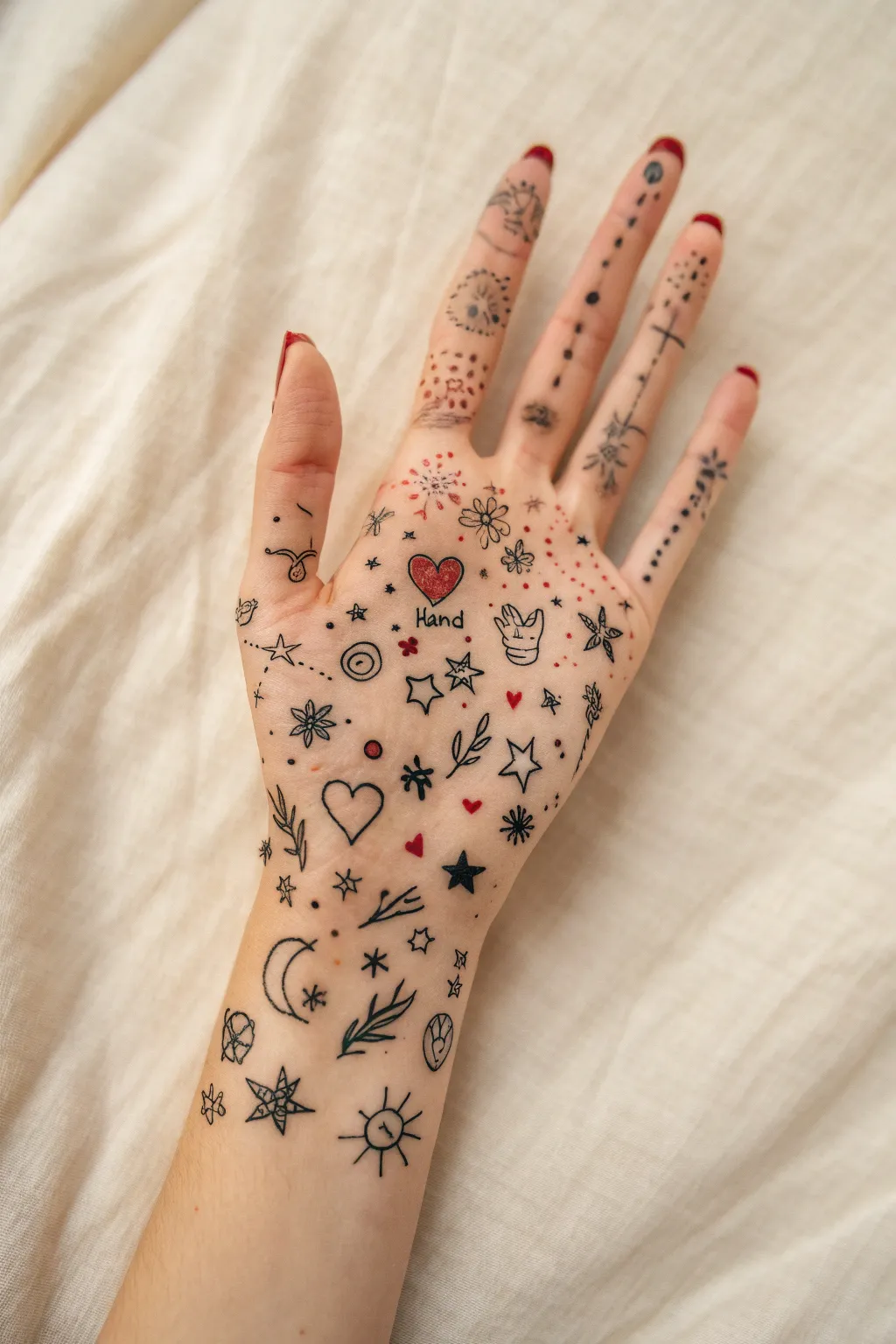 Tiny icon sticker-bomb hand doodles with airy skin gaps, Scandinavian minimal mood and crisp contrast