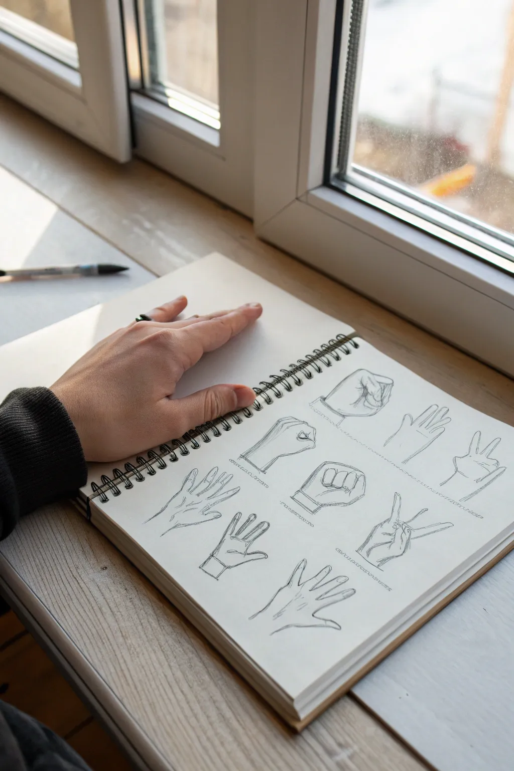 Mini library of hand poses on a clean sketchbook page, crisp graphite lines and calm Nordic light
