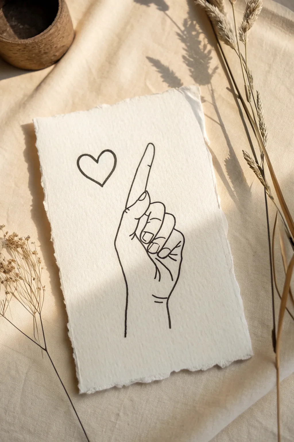 Crisp finger heart line art on handmade paper, minimal Scandinavian vibe with soft boho warmth
