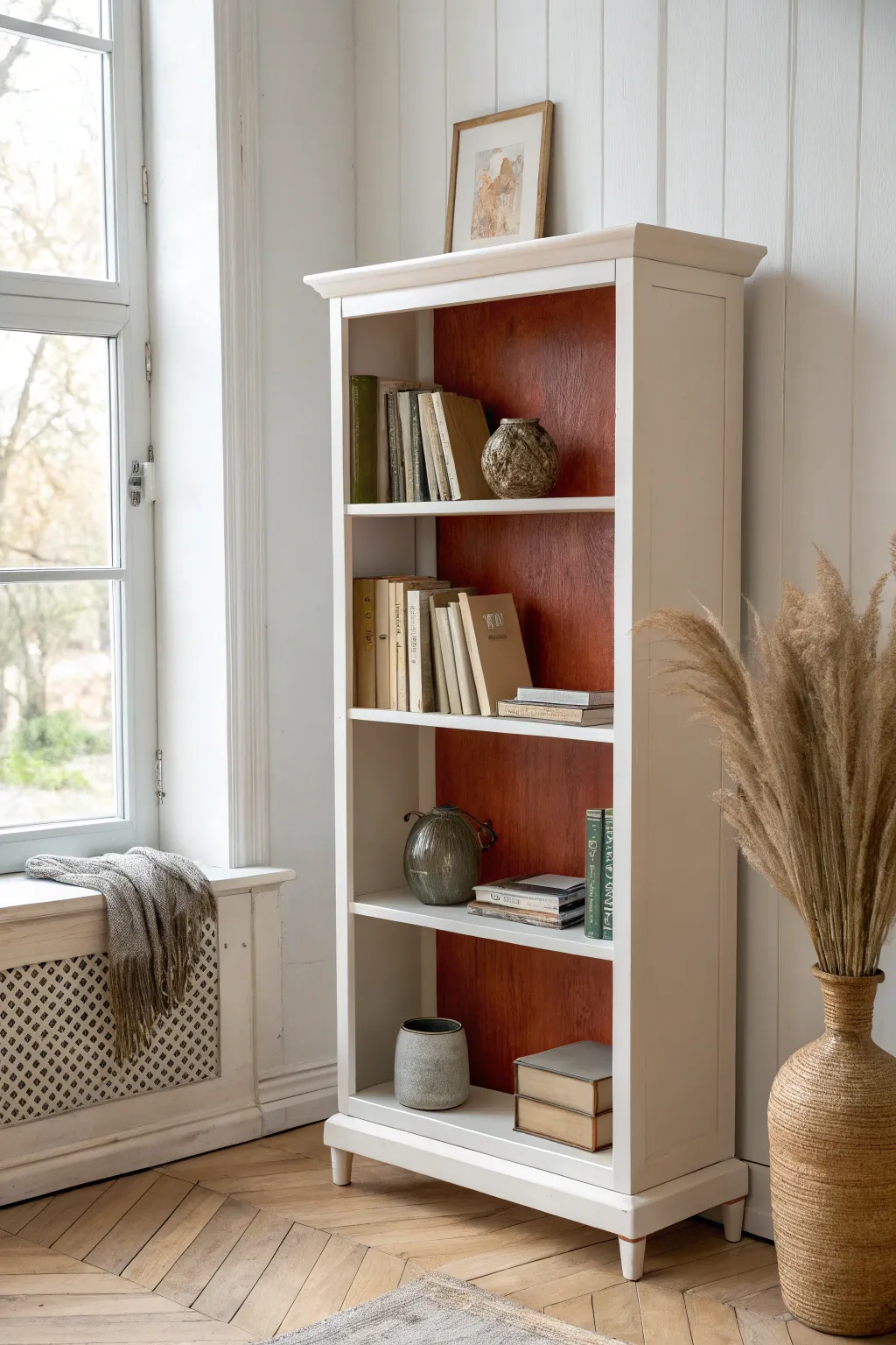 Terracotta back panel adds a bold pop to a calm bookcase with Scandinavian-boho charm