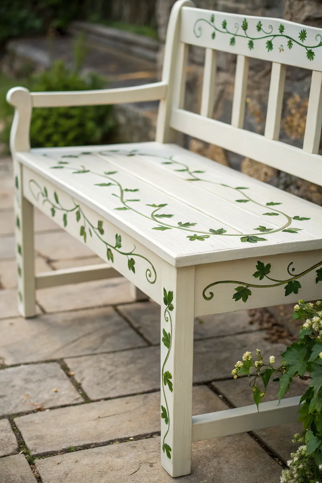 Minimalist hand-painted bench with trailing green vines and leafy borders for a soft boho look
