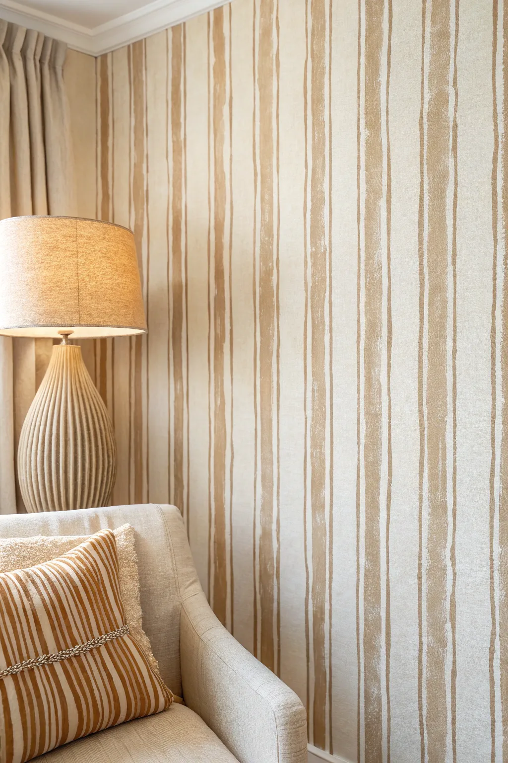 Soft freehand vertical stripes create a linen-like texture, perfect for calm minimalist walls.