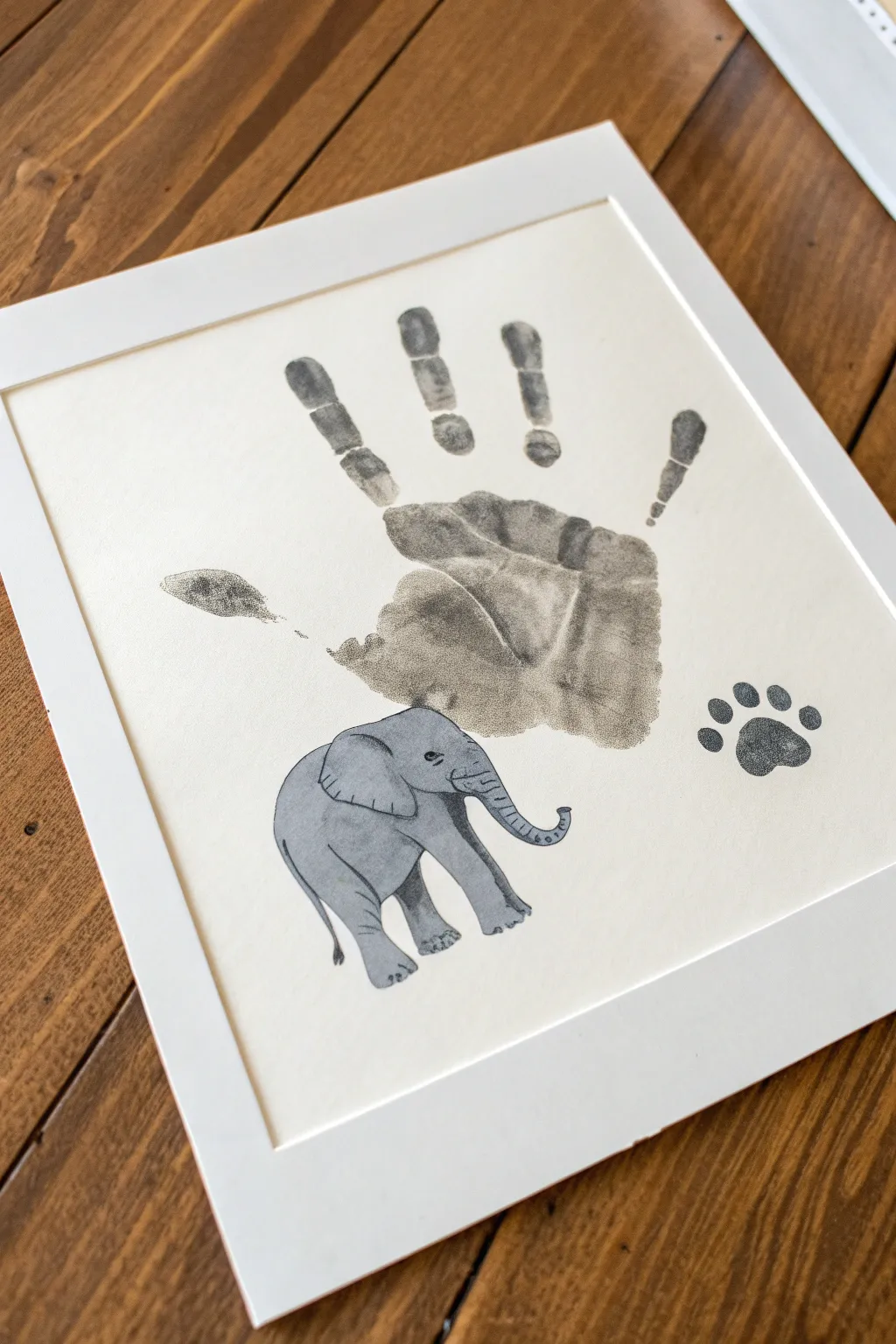 Minimalist handprint elephant with a curly trunk, sweet toddler craft with modern boho calm.