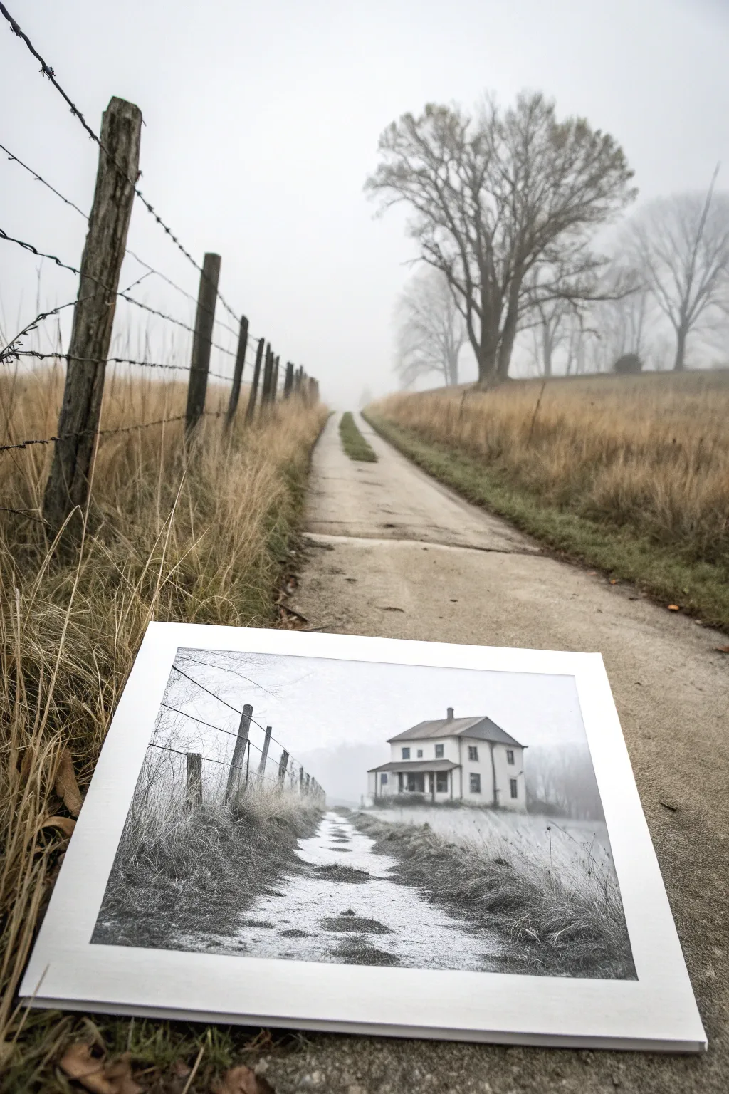 Foggy walkway and leaning fence guide the eye to a stark, minimalist haunted house sketch.