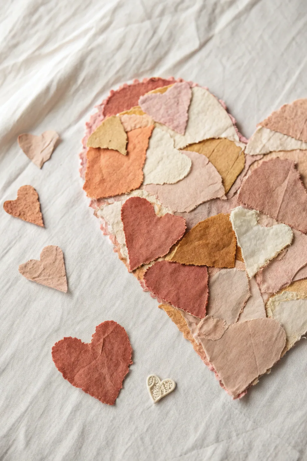 Torn-paper heart collage layers in boho neutrals, deckled edges, and high-contrast handmade texture.