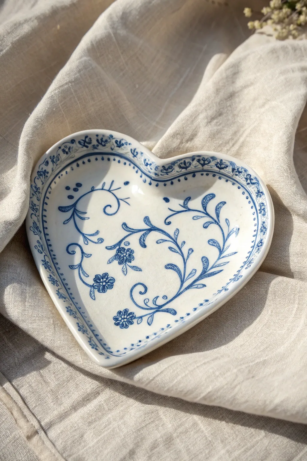 Blue-and-white heart plate with vintage vine curls on linen for a soft minimalist look