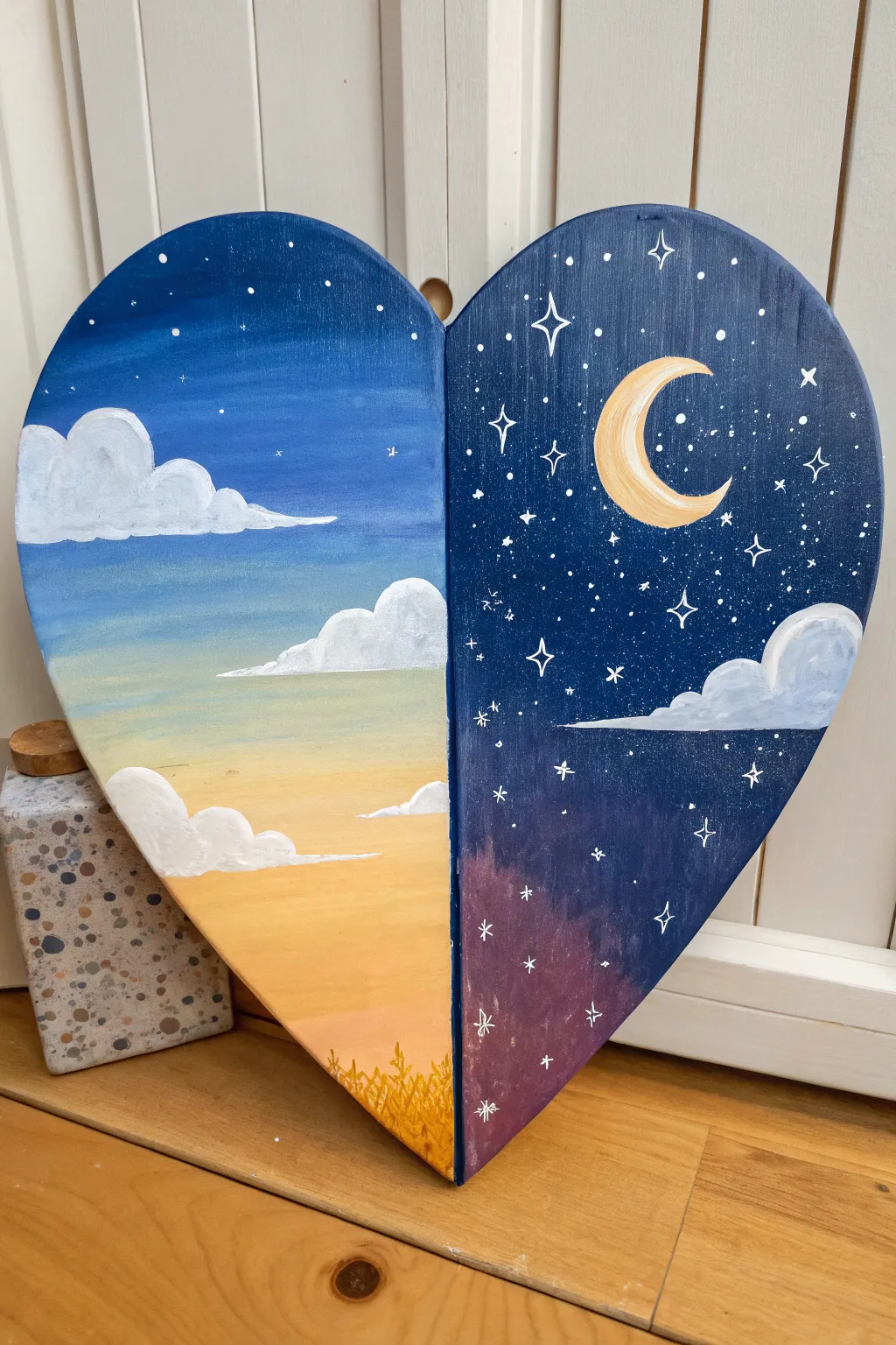 Easy split heart canvas: sunny day meets starry night in a clean minimalist scene