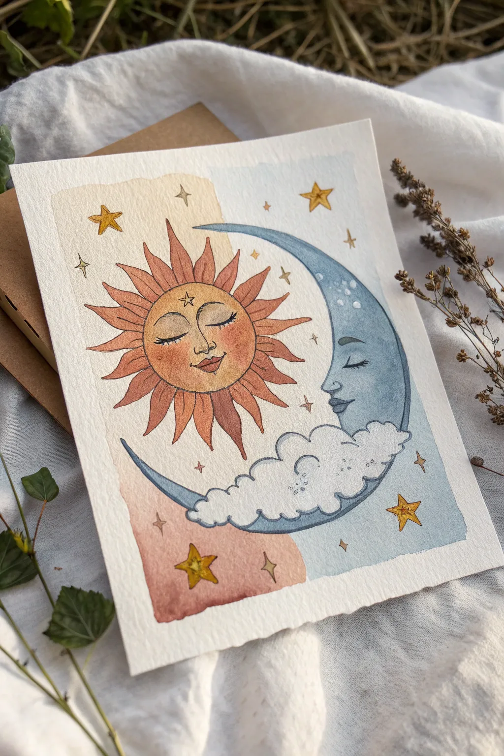 Warm sun meets cool moon in a minimalist hippy duo, with soft gradients, stars, and clouds
