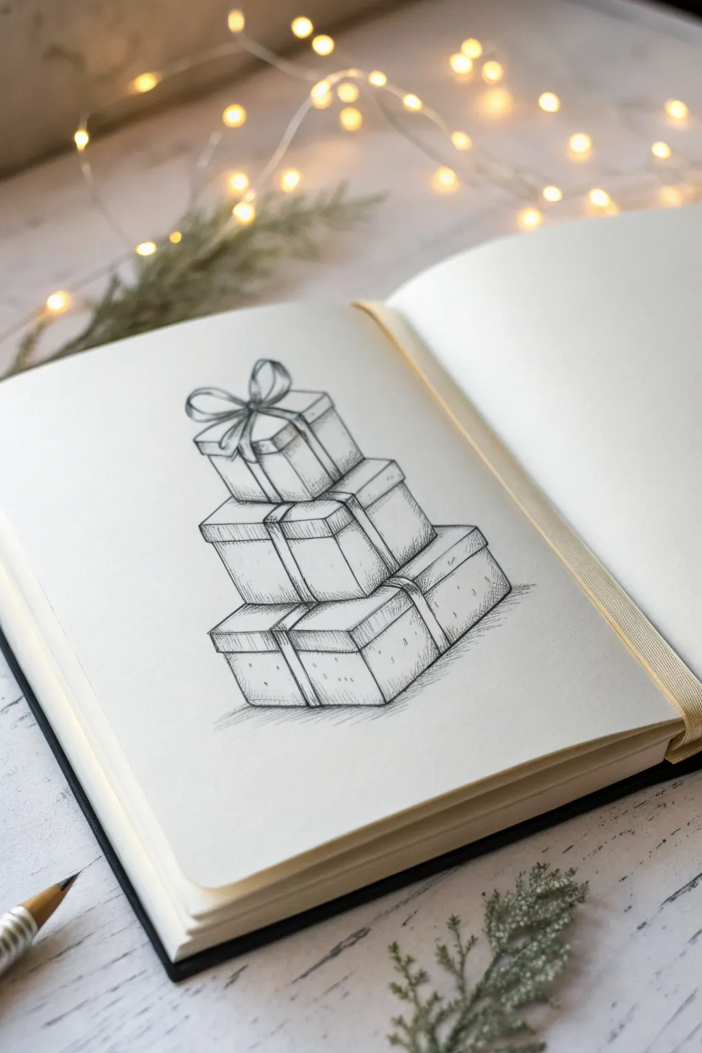 Minimal one-point perspective gift stack with ribbons and soft shading, clean and festive